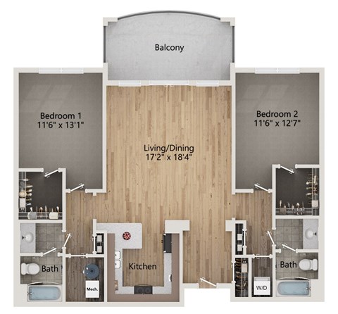 Floor plan for 2 beds, 2 baths, 1532 sqft